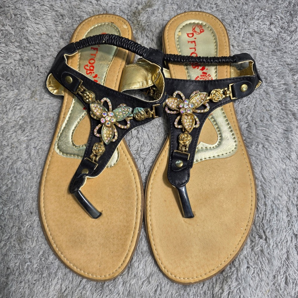 Jeweled Butterfly Rhinestone T-Strap Sandals Black Gold Women 9 Mexican 26
